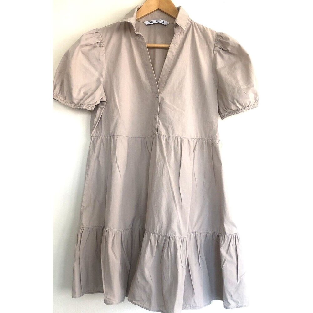 Zara short sleeve collared baby doll dress cotton Beige Small Lightweight Loose - Picture 1 of 10